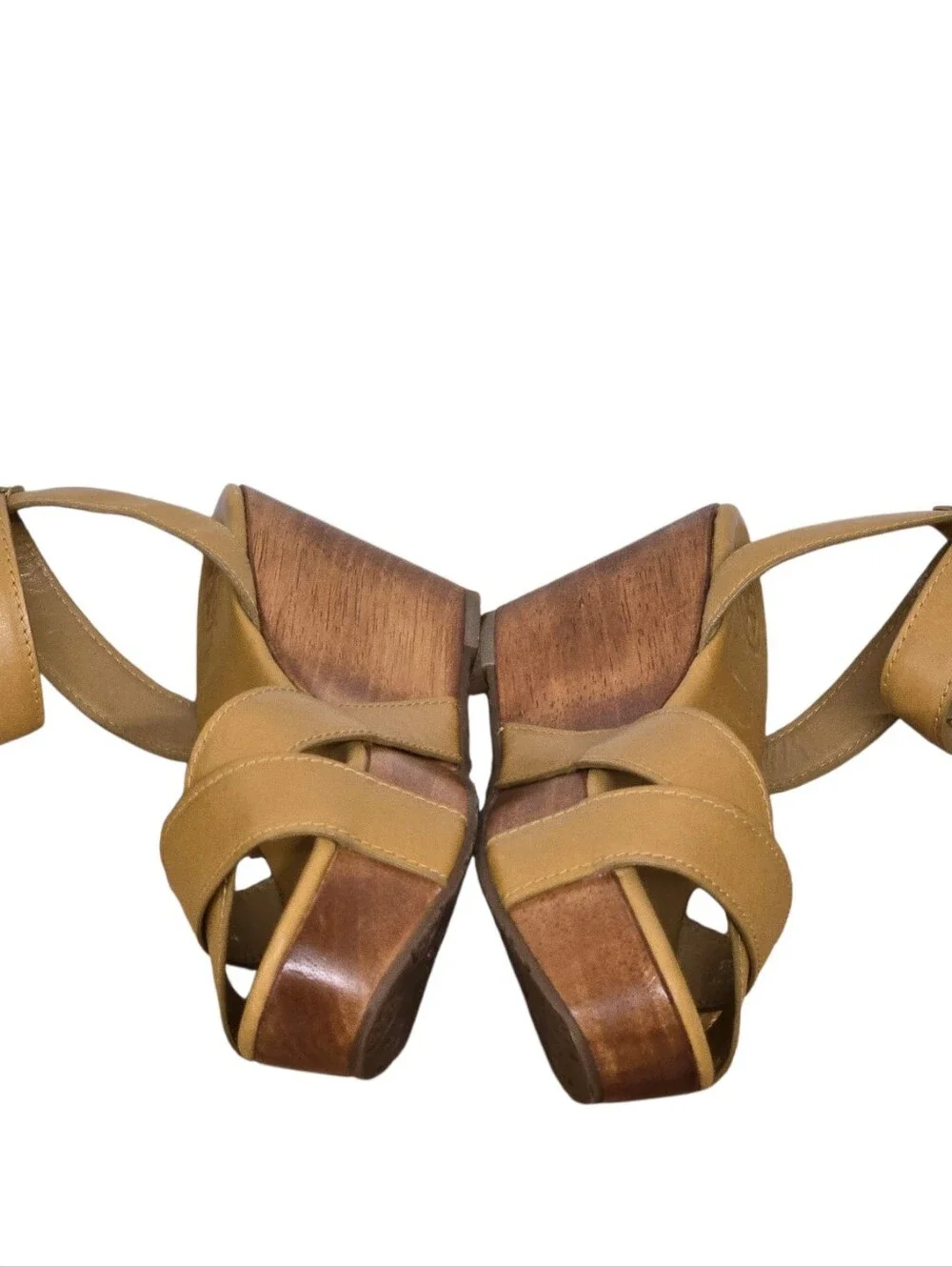 Tory Burch Almita Sandals Women's Size 8 Leather Ankle Strap Wooden Heel Wedges